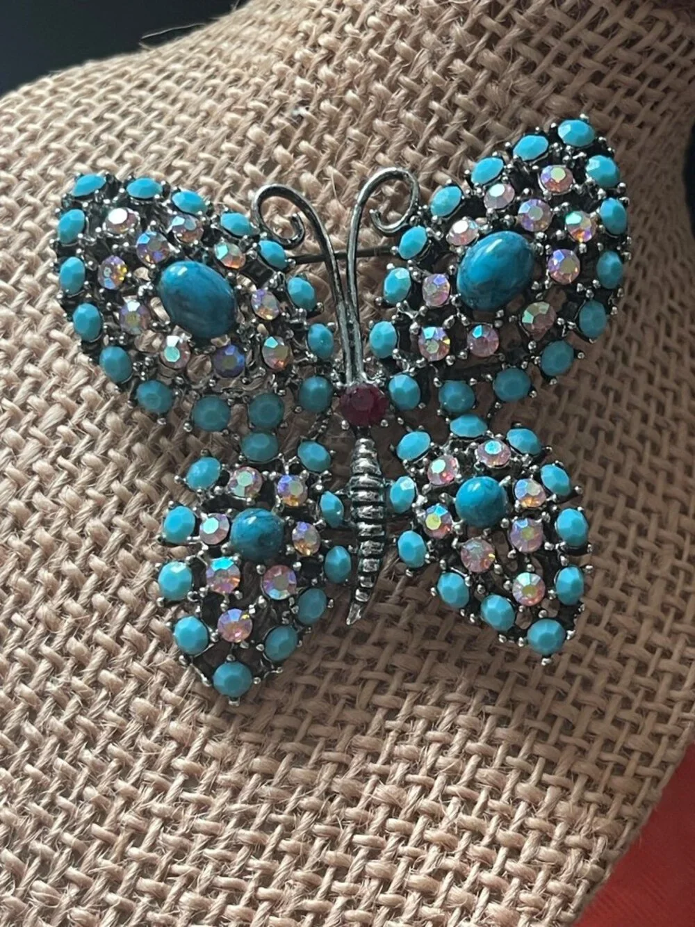 VTG Weiss Bejeweled Butterfly Brooch Turquoise Cabochons & Rhinestones 3.5